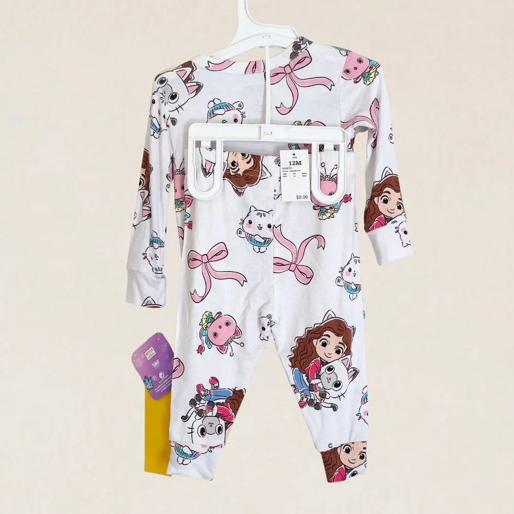 DreamWorks Gabbys Dollhouse Baby Girls 2PC‎ Pajama Set White Pink 12M NWT